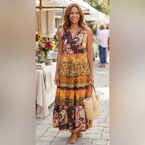 Soft Surroundings Eden Tiered Floral Multicolor Bohemian Maxi Dress size PL